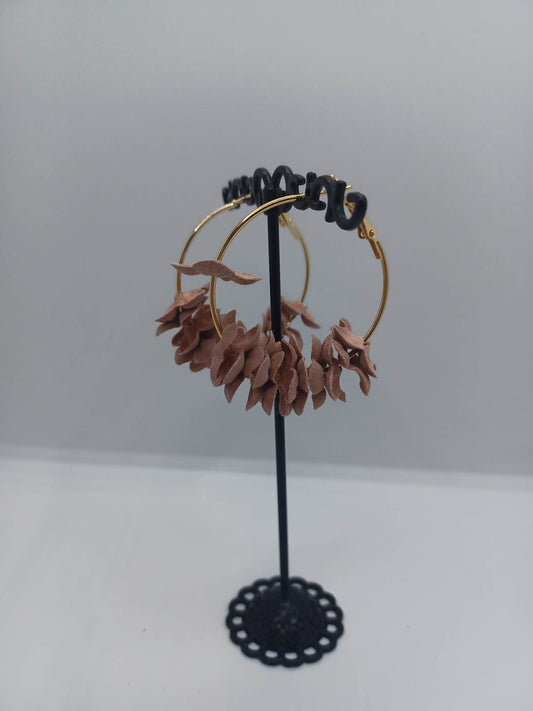 Gold Hoop Earrings w/ Ash Pink Flowers