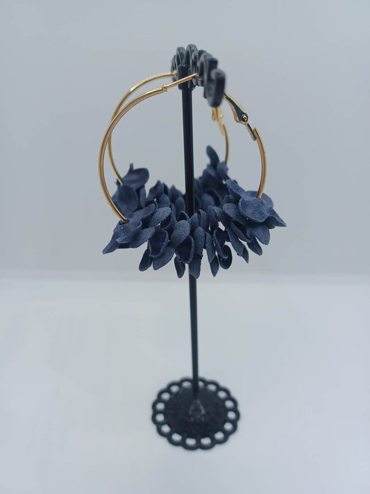 Gold Hoop Earrings w/ Blue Flowers