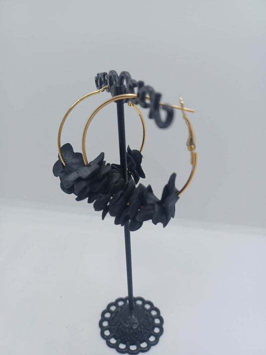 Gold Hoop Earrings w/ Black Flowers
