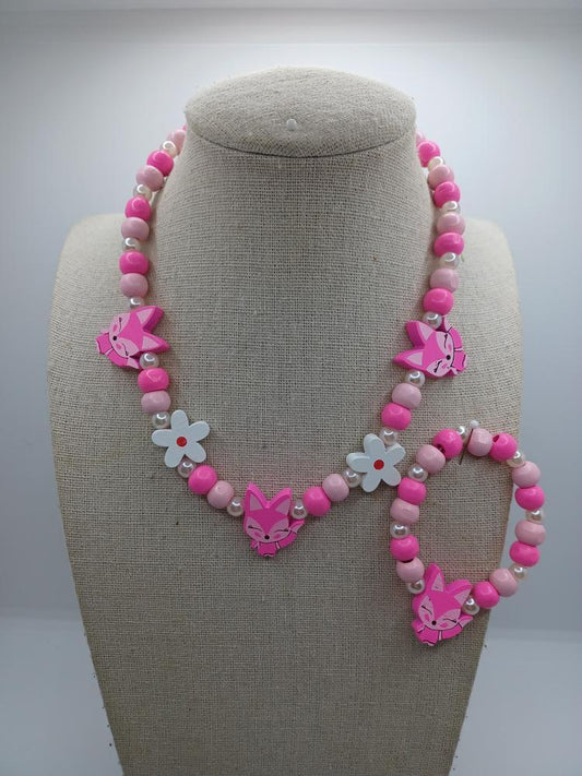 Pink & White Fox Necklace & Bracelet Set