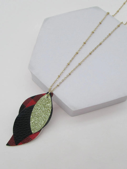 Gold Necklace w/ Triple Layered Gold Glitter & Buffalo Plaid Pendant