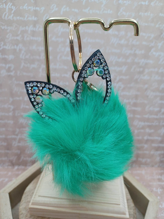 Green Fox Pom Pom Keychain w/ Mermaid Rhinestone Ears