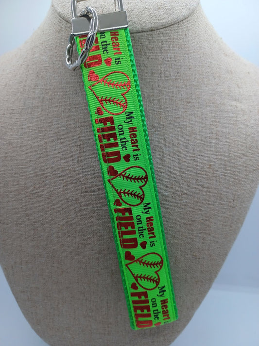 Neon Green "My Heart is on that Field" Baseball Keychain