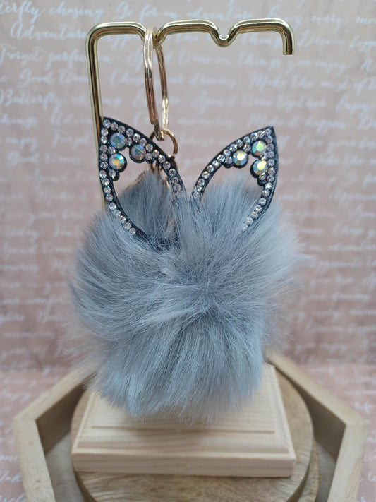 Grey Fox Pom Pom Keychain w/ Mermaid Rhinestone Ears