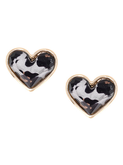 Grey Cow Print Heart Shaped Earrings