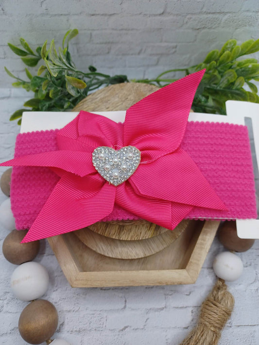 Hot Pink Baby Headband w/ Rhinestone & Pearl Heart Charm