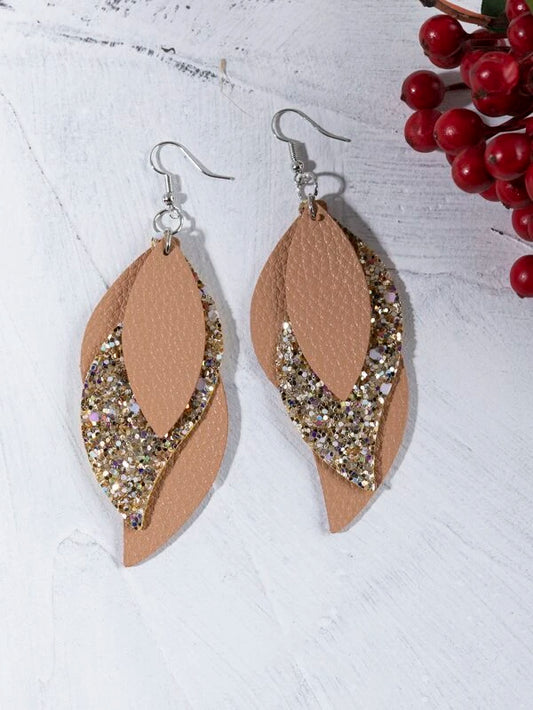 Tan w/ Glitter Triple Layered Leather Style Earrings