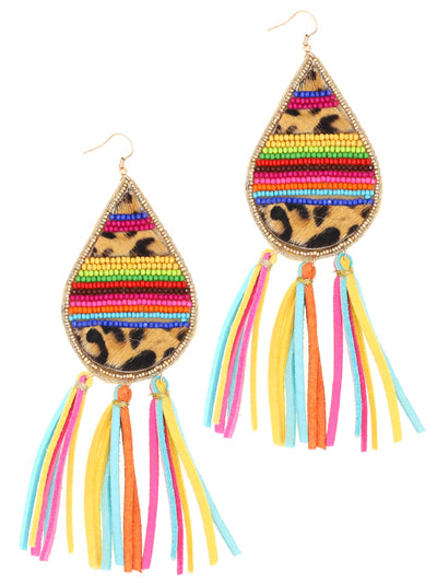 Multicolored Animal Print Earring with Rainbow Tassels
