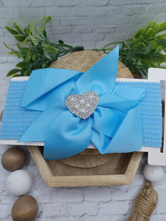 Light Blue Baby Headband w/ Rhinestone & Pearl Heart Charm