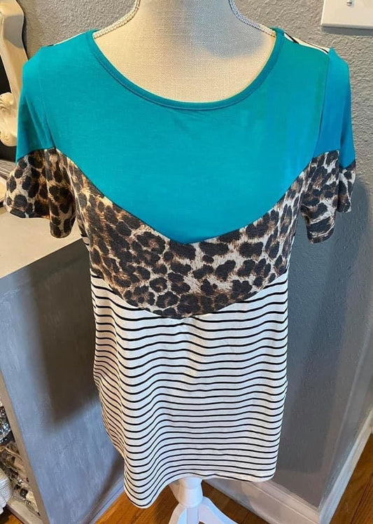 Lovely Melody Teal w/ Leopard Print & Strips Top