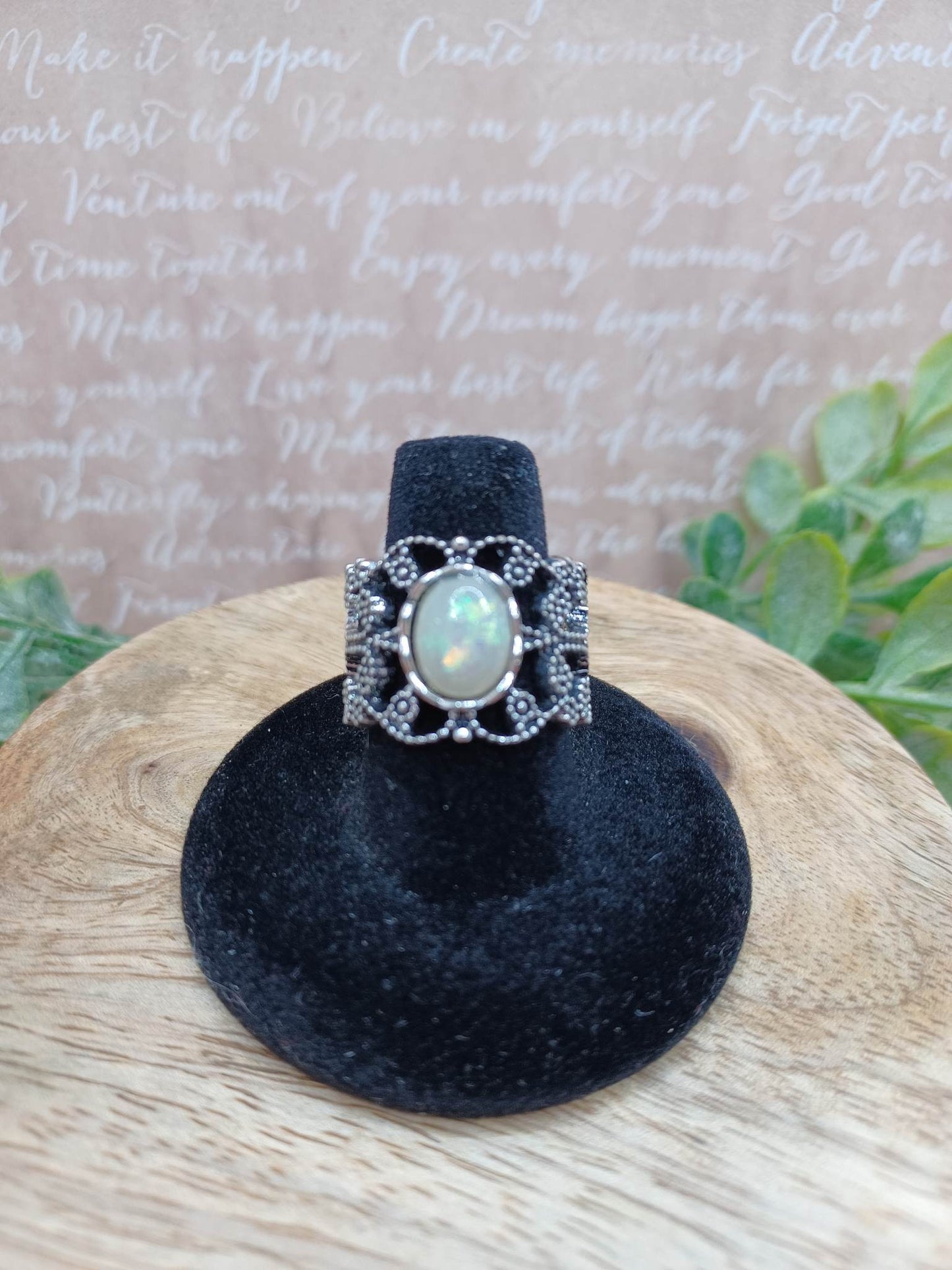 Silver Filigree Style Adjustable Ring w/ Opal Glittered Stone