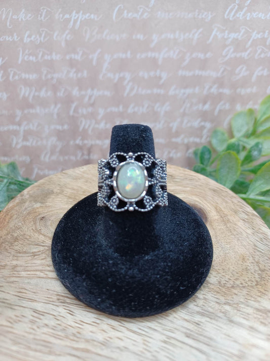 Silver Filigree Style Adjustable Ring w/ Opal Glittered Stone