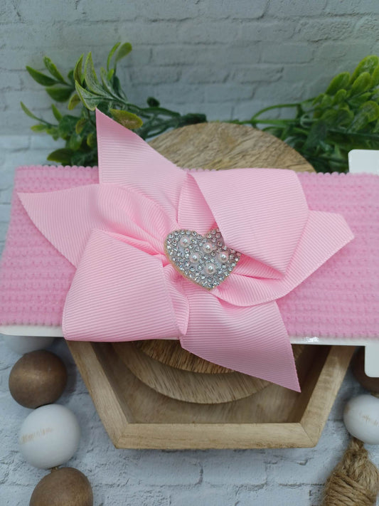 Light Pink Baby Headband w/ Rhinestone & Pearl Heart Charm