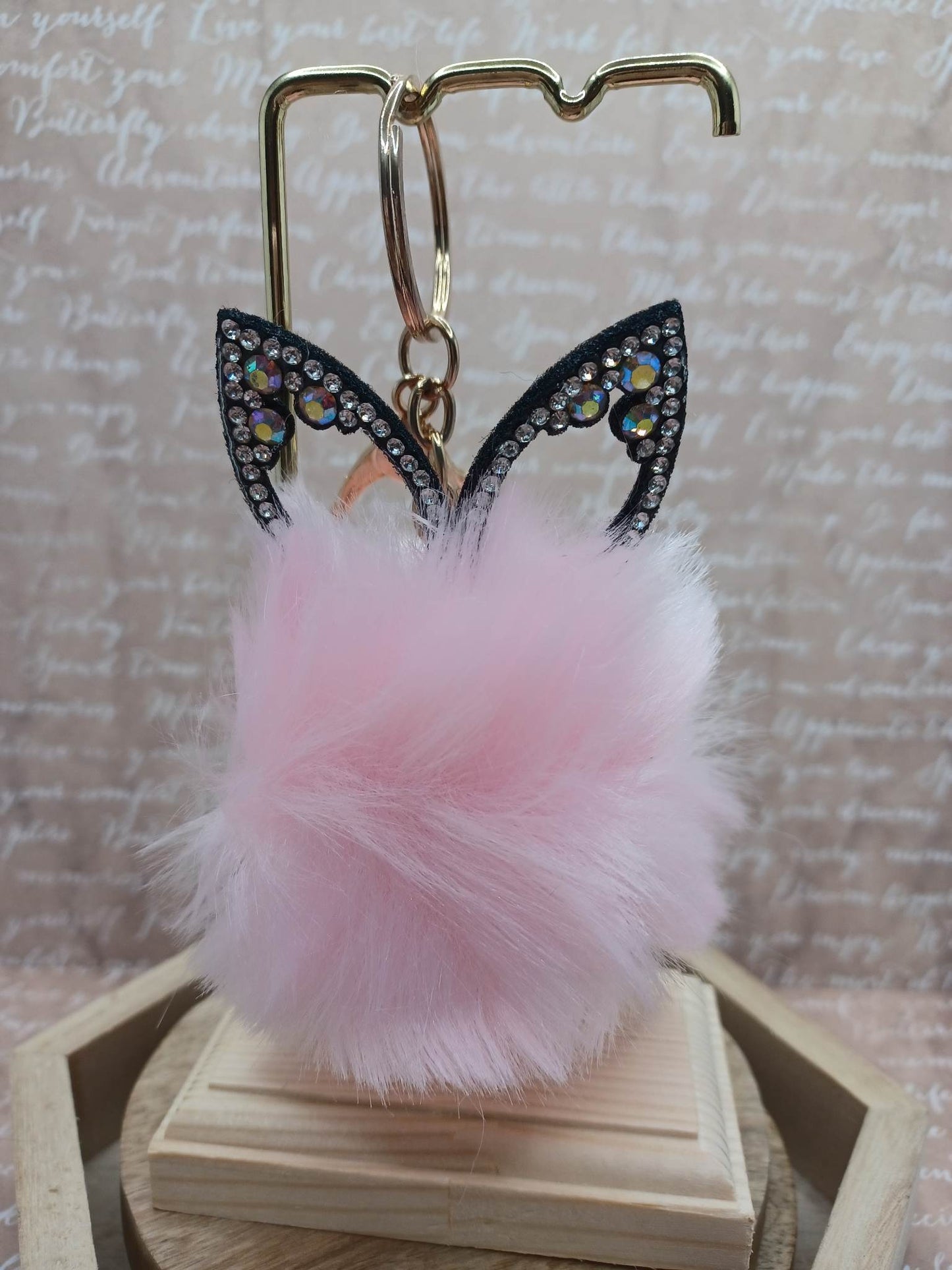 Pink Fox Pom Pom Keychain w/ Mermaid Rhinestone Ears