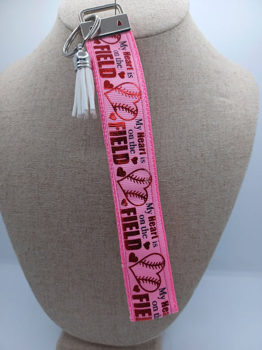 Pink "My Heart is on that Field" Baseball Keychain w/ Tassel