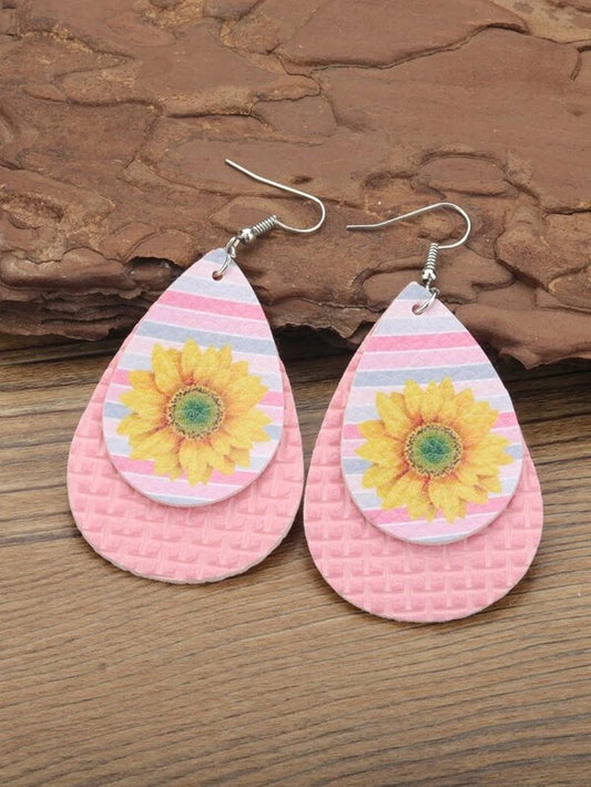 Pink Layered Leather Style Earrings w/ Sunflower