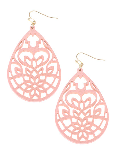 Pink Filigree Wooden Earrings