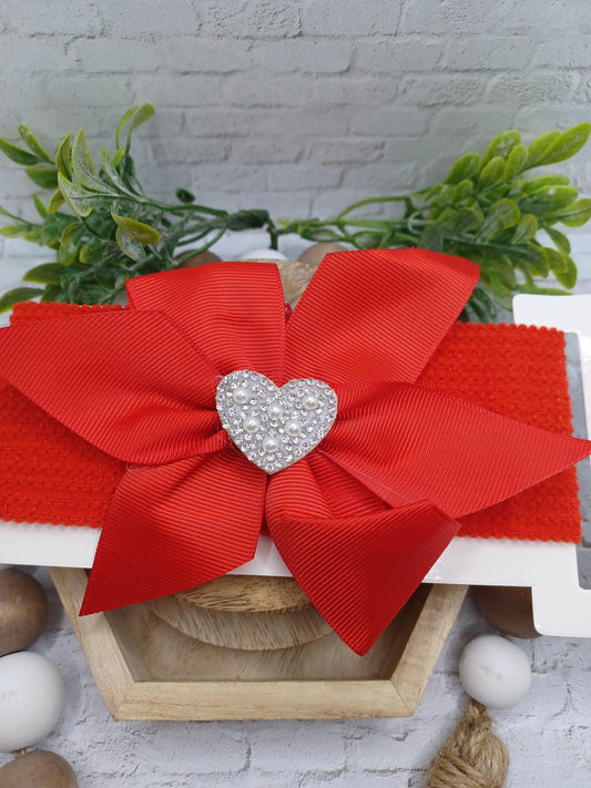 Red Baby Headband w/ Rhinestone & Pearl Heart Charm