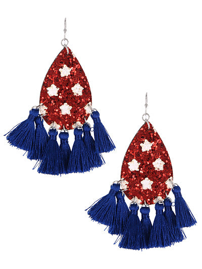 Red Glitter Earrings w/ White Stars & Blue Tassels