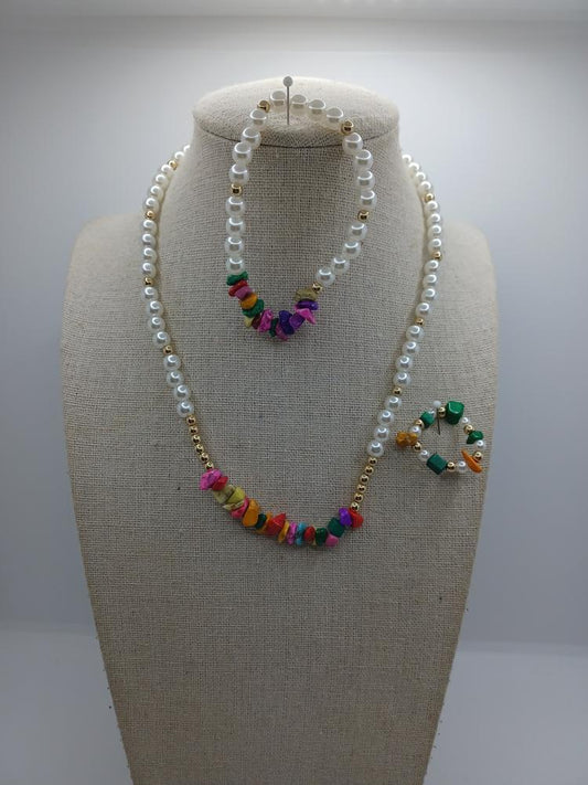 Rock & Pearl Beaded Necklace, Bracelet, & Ring Set