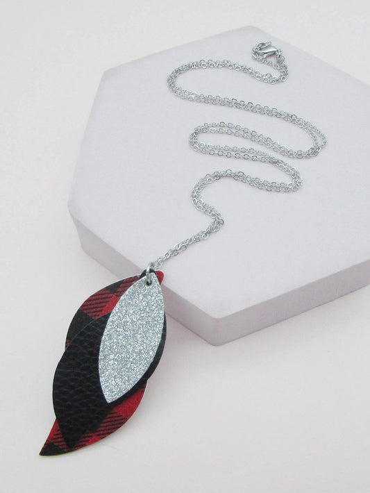 Silver Necklace w/ Triple Layered Silver Glitter & Buffalo Plaid Pendant