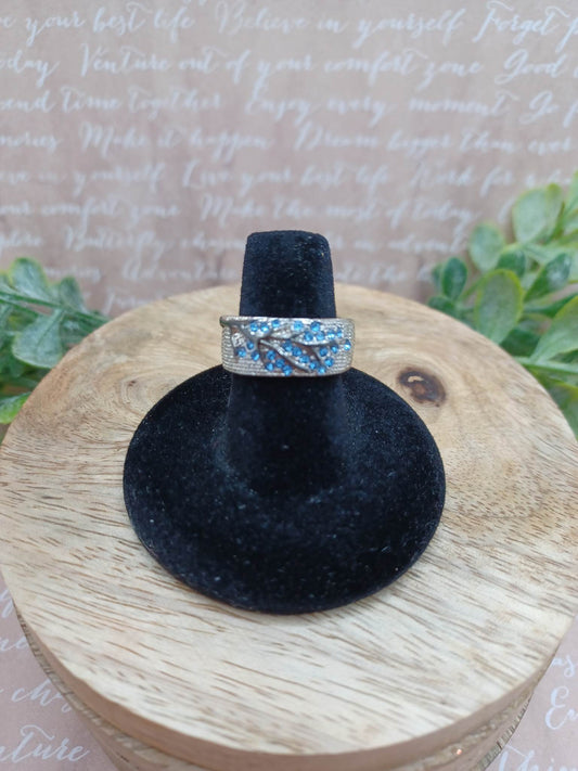 Silver Ring w/ Blue Rhinestone Tree Design - Size 6.5