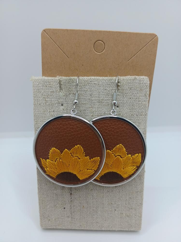 Sunflower Embroidered w/ Brown Leather Style Earrings