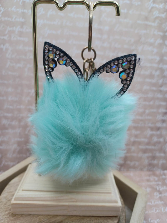 Teal Fox Pom Pom Keychain w/ Mermaid Rhinestone Ears