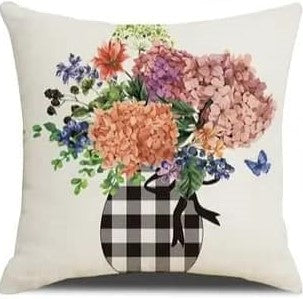 Black & White Plaid Vase w/ Flowers Pillow Cover