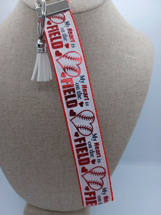 White "My Heart is on that Field" Baseball Keychain w/ Tassel