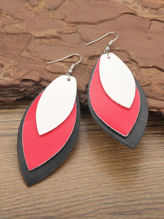 Triple Layered White Red & Black Leather Style Earrings