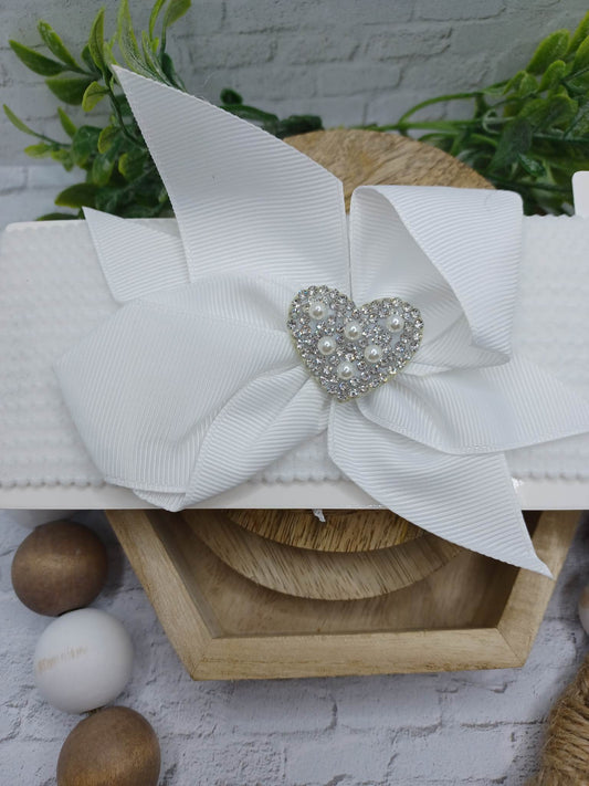 White Baby Headband w/ Rhinestone & Pearl Heart Charm