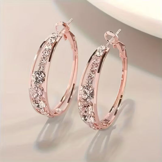 Rose Gold Hoop Earrings w/ Rhinestone Accents
