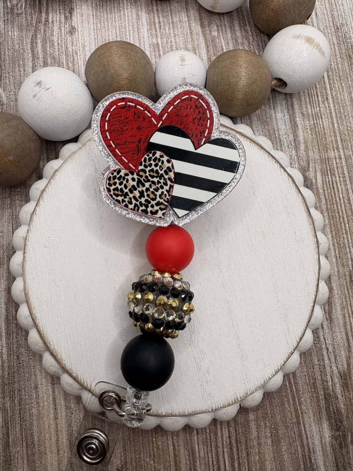 Red & Leopard Hearts Beaded Badge Reel