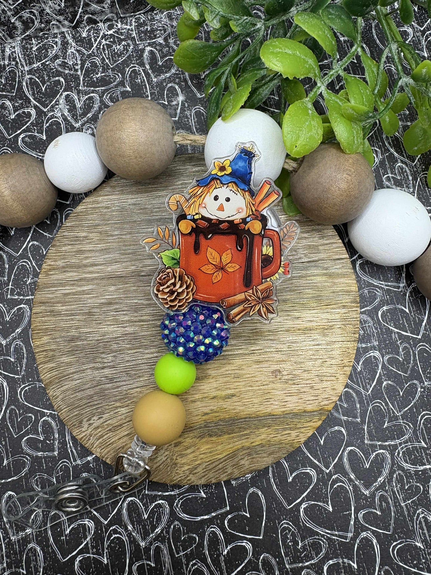 Scarecrow Beaded Badge Reel - Blue, Green, Tan