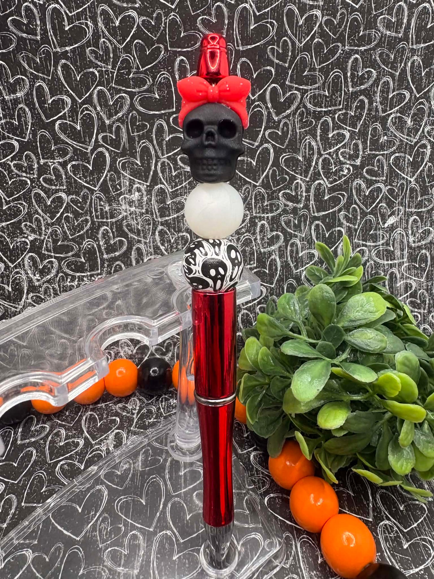 Red & Black Skull Beaded Ink Pen
