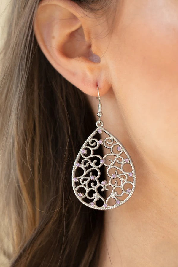 Silver Teardrop Earrings w/ Purple Rhinestone Accents