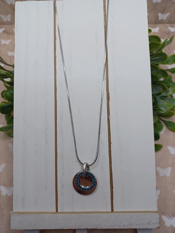 Silver Necklace w/ Silver Circle & Blue Rhinestone Circle
