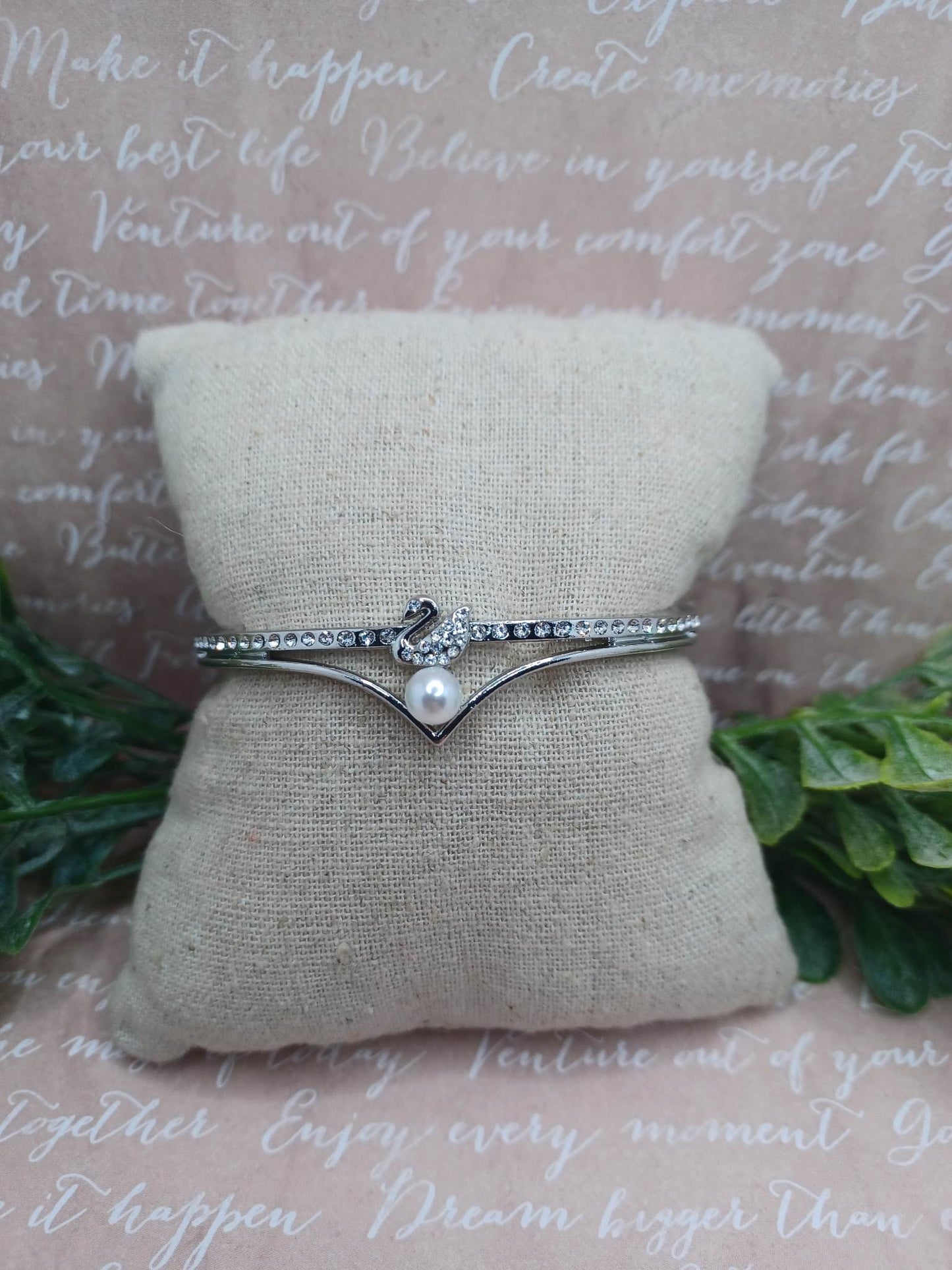 Silver Bracelet w/ White Pearl & Rhinestone Accents