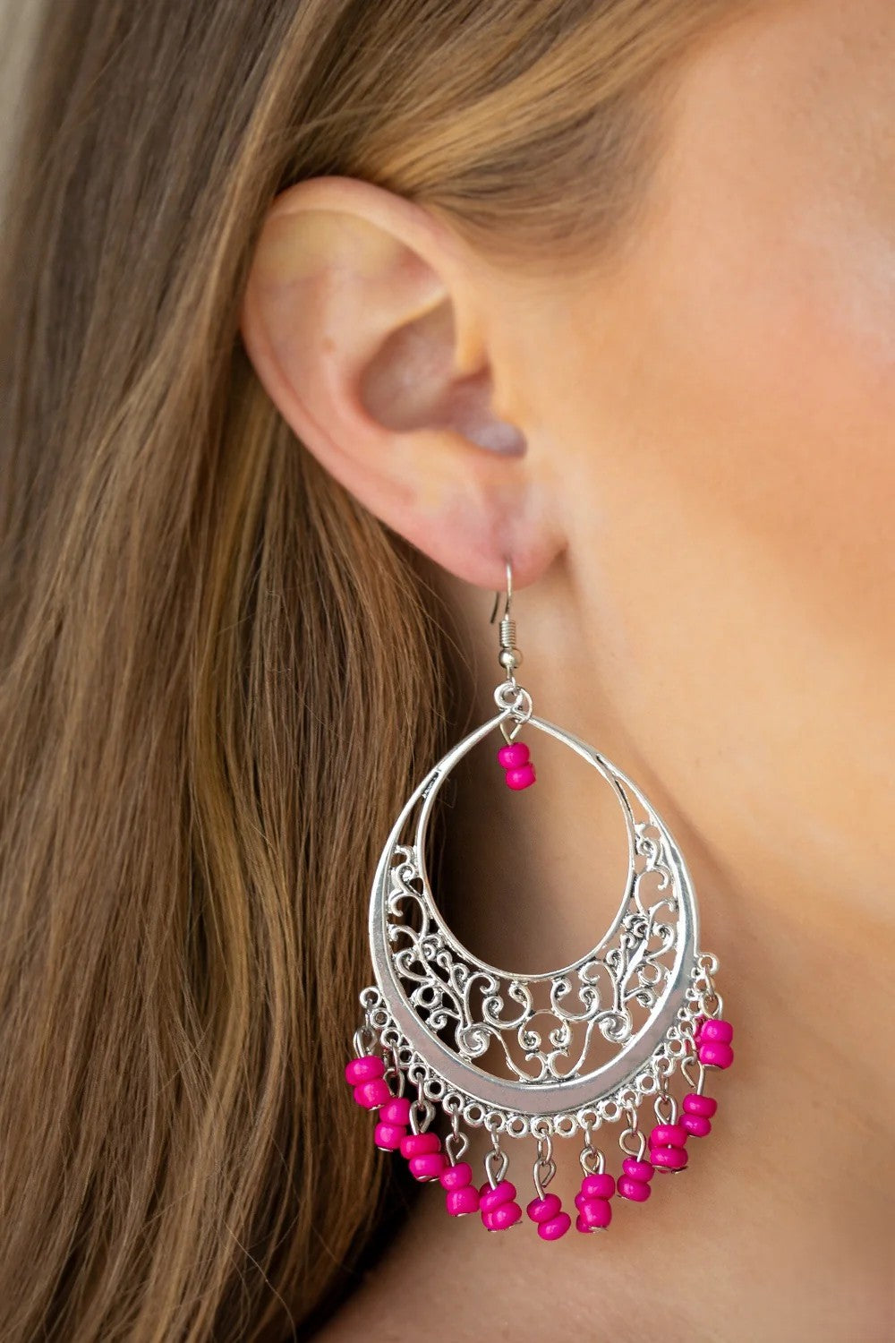 Silver Filigree Earrings w/ Pink Dangle Stones