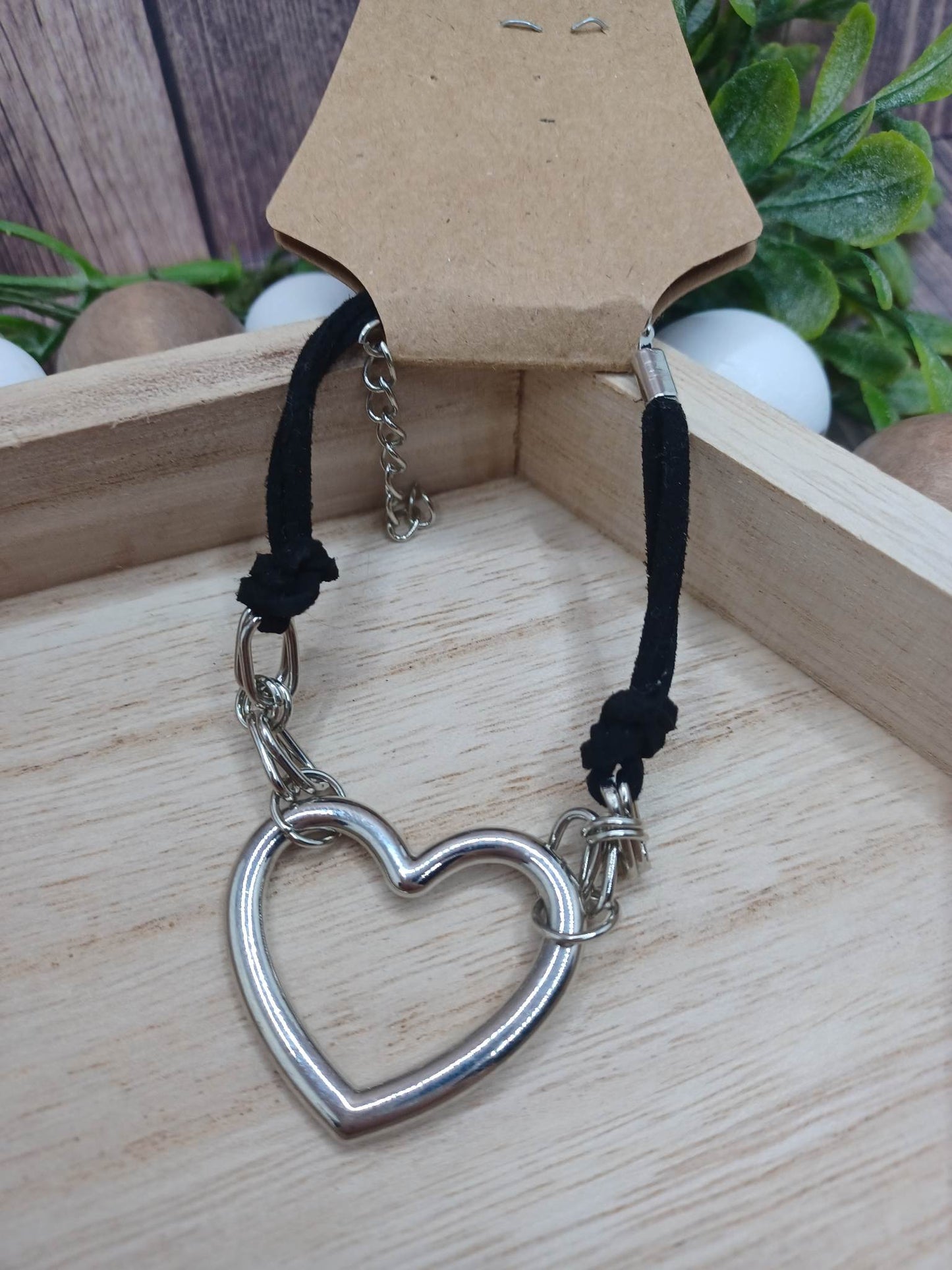 Black Suede Style Bracelet/Anklet w/ Heart Pendant