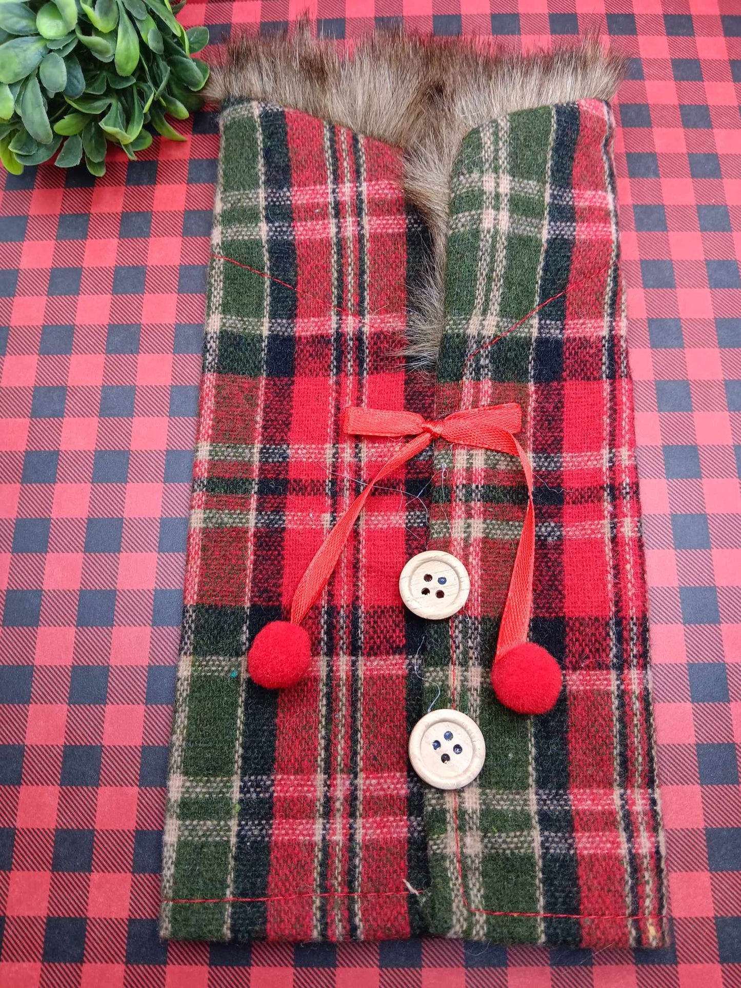 Red & Green Plaid Button Sweater Bottle Decor