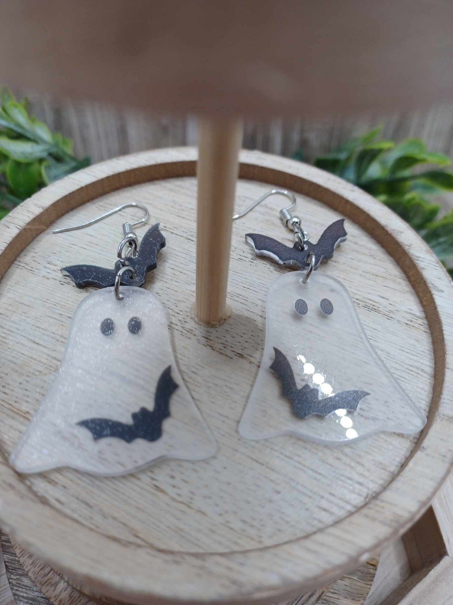 Clear Acrylic Ghost Earrings w/ Bat Details