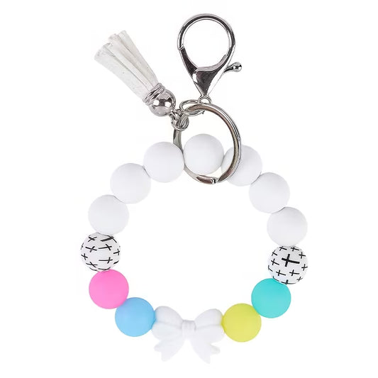 White Bow Beaded Wristlet Keychain