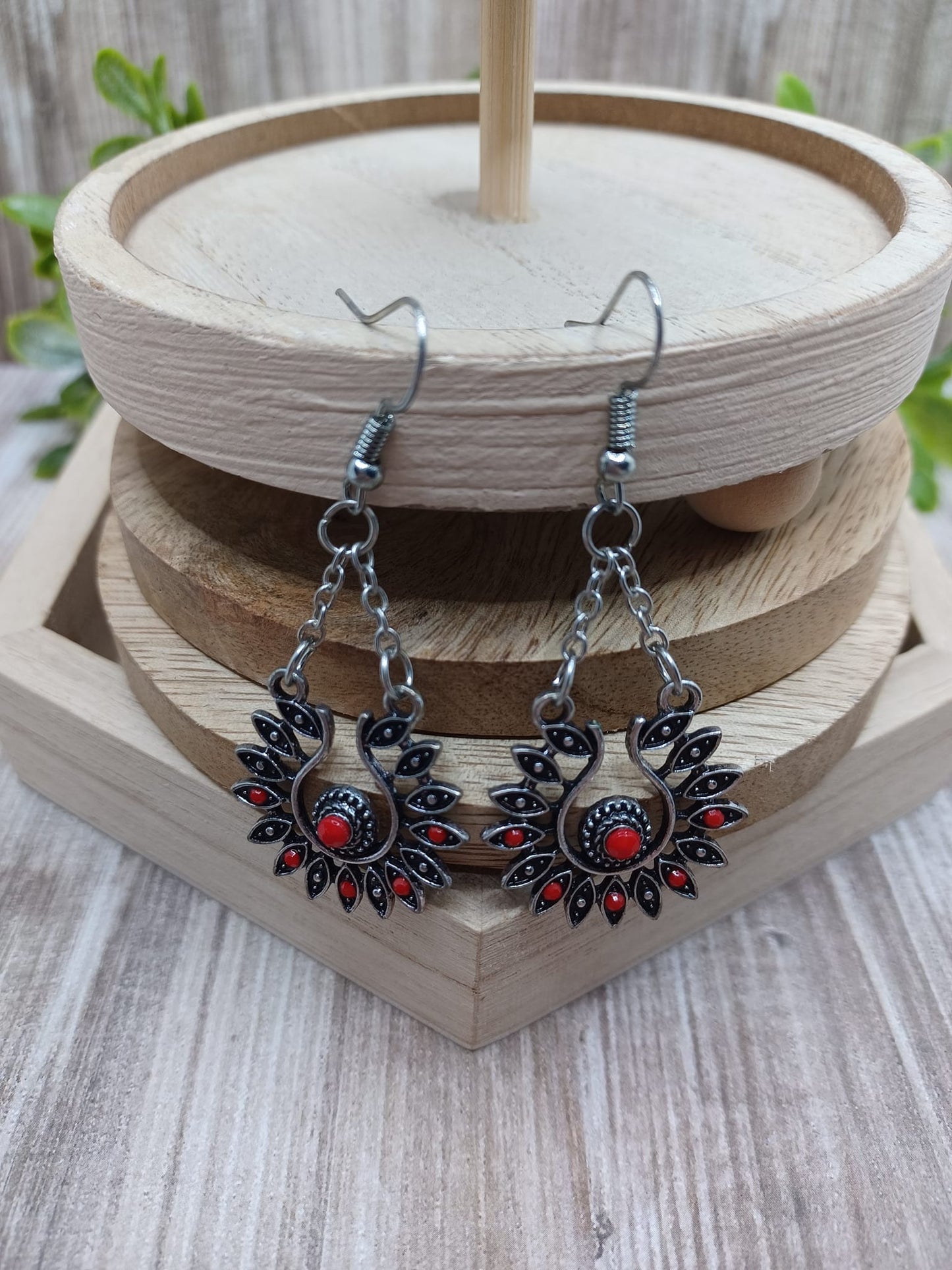 Silver Earrings w/ Antiqued Design & Red Beading