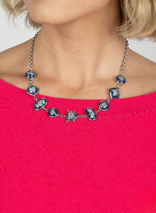 Silver Short Necklace w/ Blue Crackle Pendant Accents