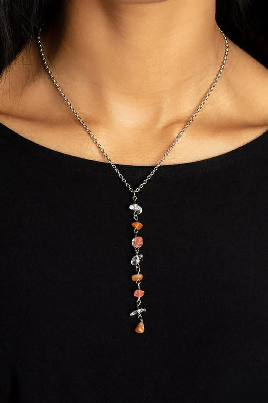 Silver Short Necklace w/ Brown Cracked Stone Deop Detail