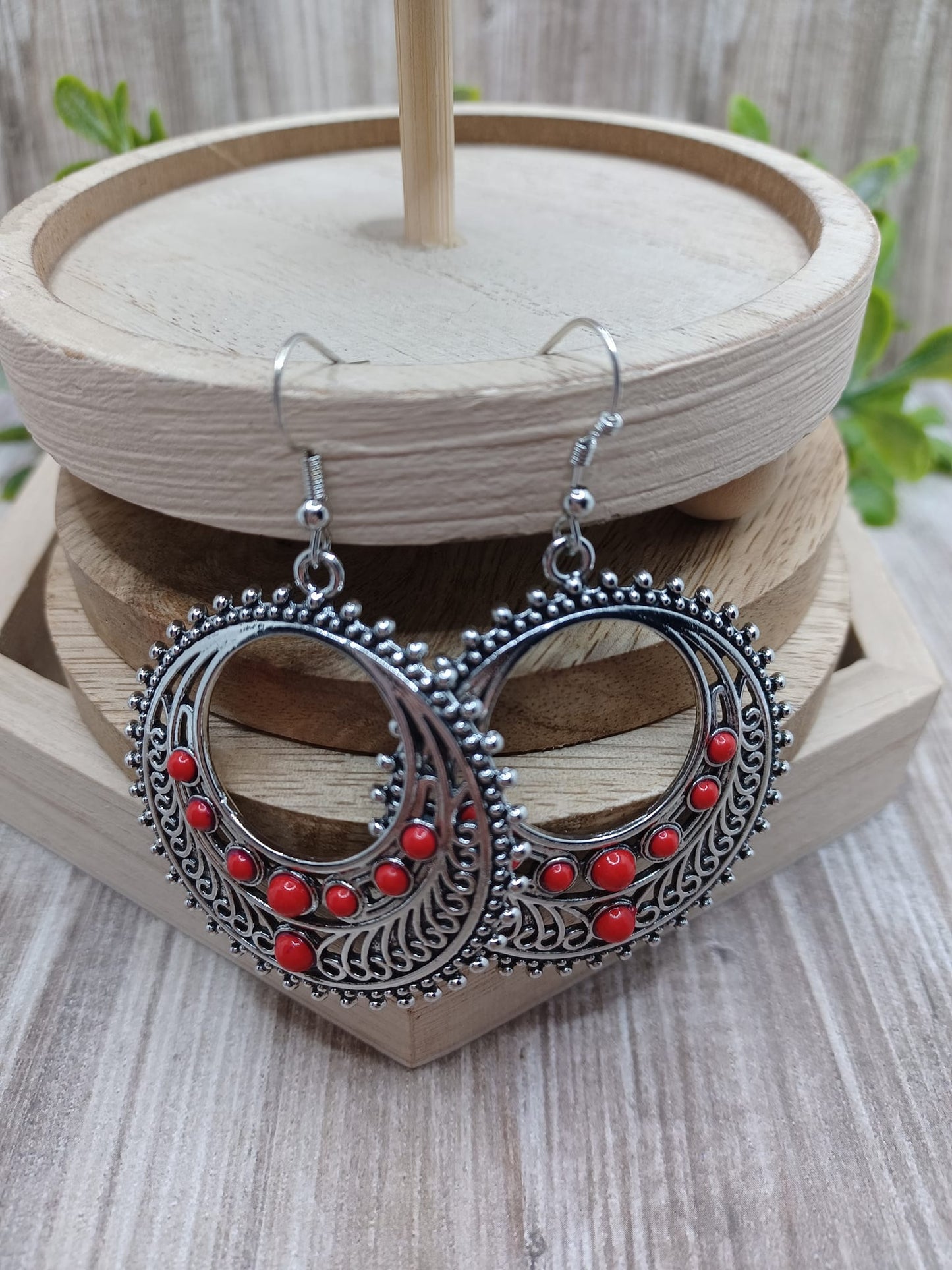 Silver Circle Earrings w/ Red Accent Beading