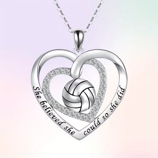 Silver Volleyball Necklace - She Believed she could so she did