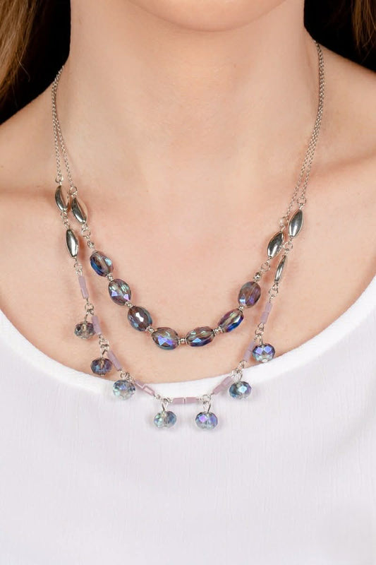 Double Layered Silver Necklace w/ Blue Iridescent Beaded Detail